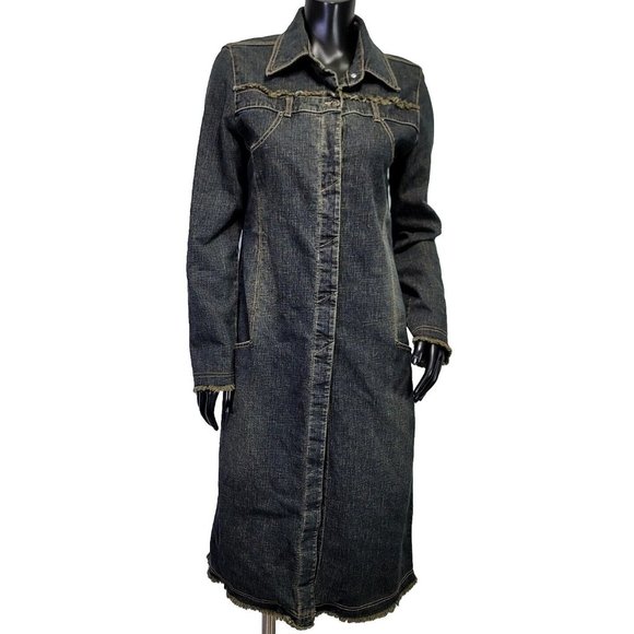 Vintage‎ 90s Y2K 725 Originals Jrs 7 Dark Wash Denim Coat Frayed Raw Hem - Picture 1 of 13